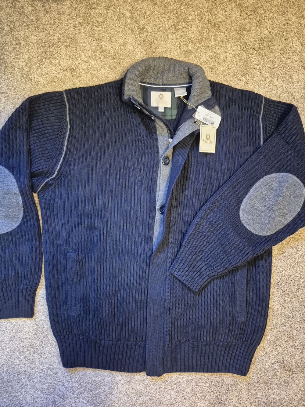 Viyella Men's Navy Ribbed Zip Button Cardigan with Grey Elbow Patches Pockets Lg
